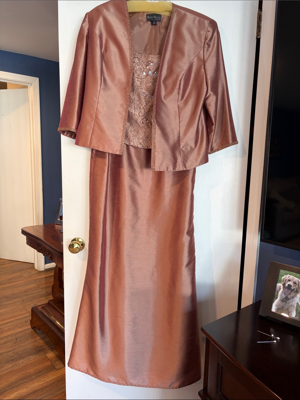 Karen Miller Formal Evening Gown Mock 2 Piece Beaded Lace Dress Jacket Set 14